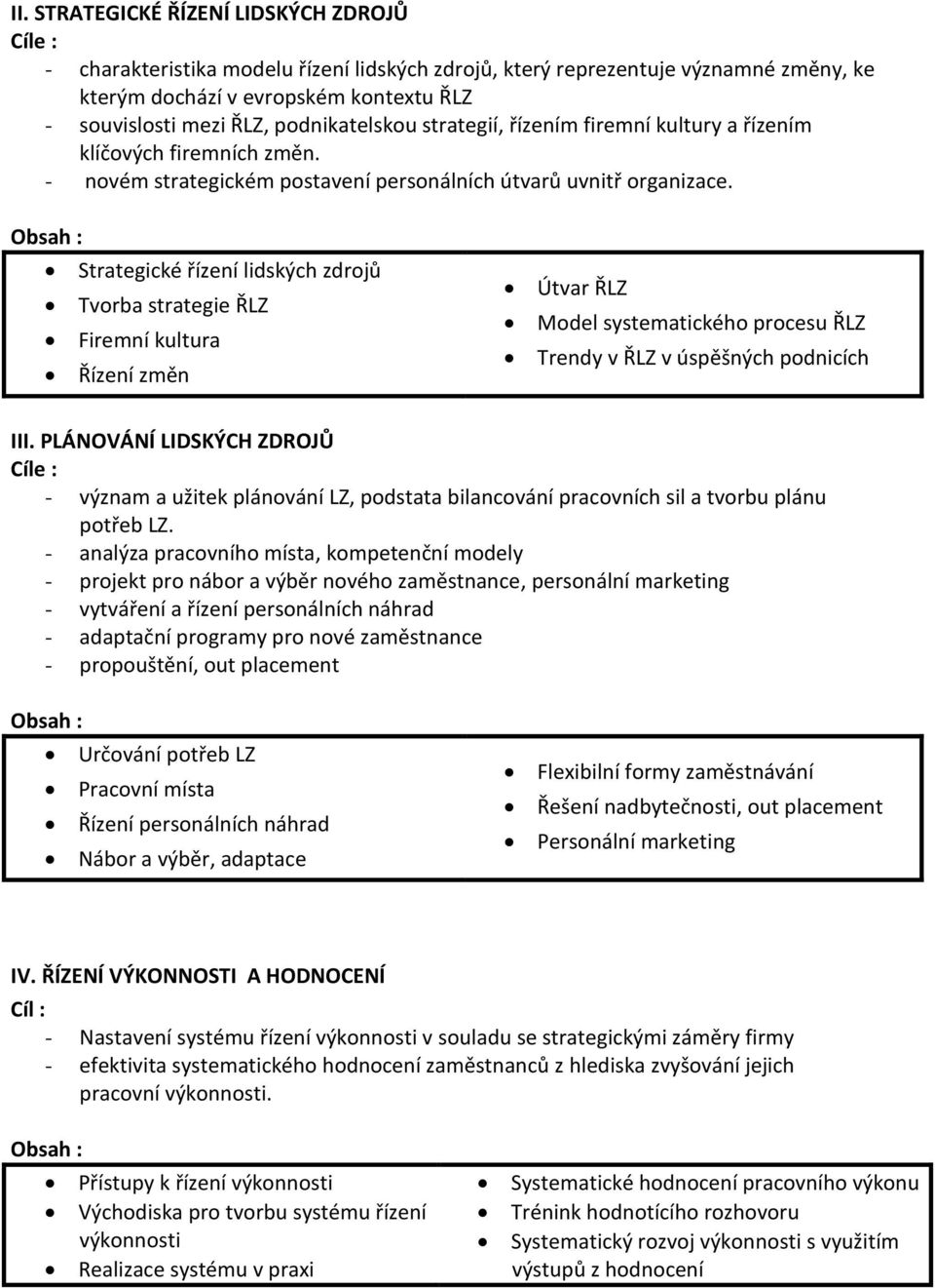 Strategické řízení lidských zdrojů Tvorba strategie ŘLZ Firemní kultura Řízení změn Útvar ŘLZ Model systematického procesu ŘLZ Trendy v ŘLZ v úspěšných podnicích III.