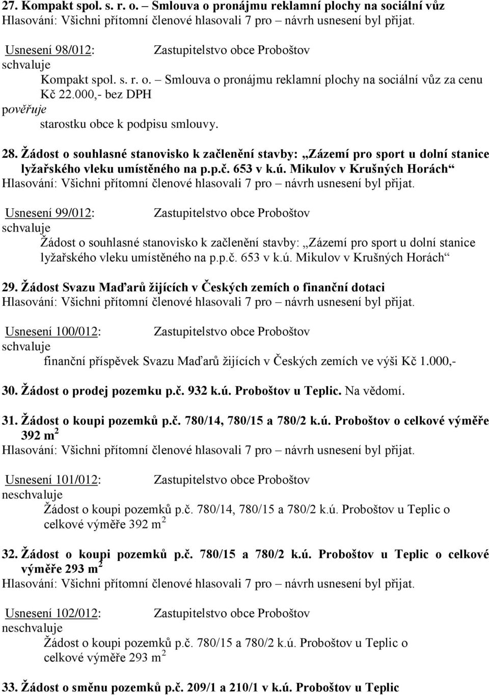 Mikulov v Krušných Horách Usnesení 99/012: Zastupitelstvo obce Proboštov Žádost o souhlasné stanovisko k začlenění stavby: Zázemí pro sport u dolní stanice lyžařského vleku umístěného na p.p.č. 653 v k.