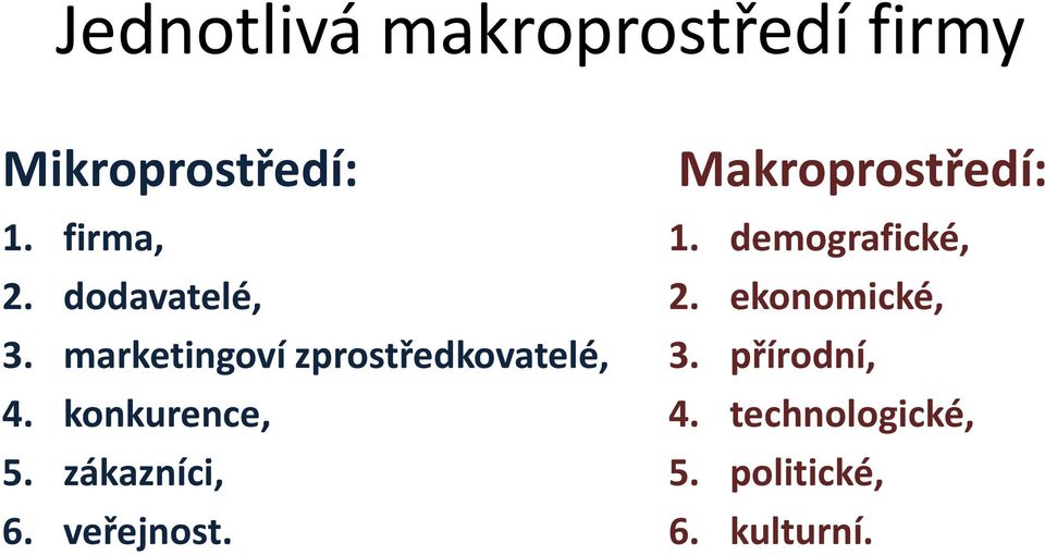 zákazníci, 6. veřejnost. Makroprostředí: 1. demografické, 2.