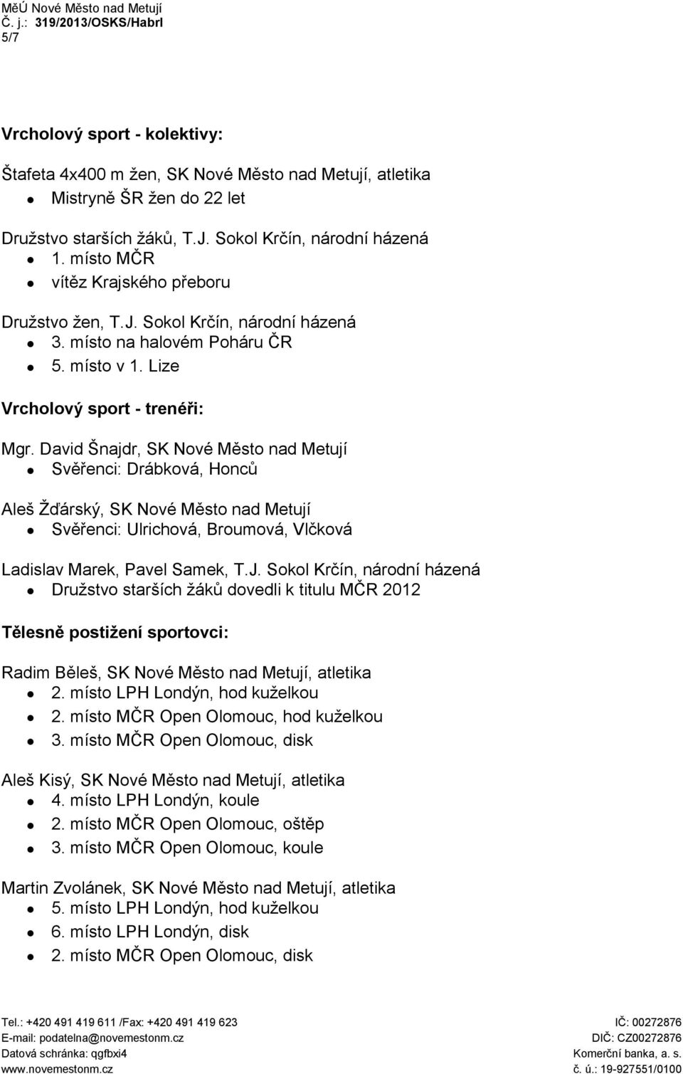 David Šnajdr, SK Nové Město nad Metují Svěřenci: Drábková, Honců Aleš Žďárský, SK Nové Město nad Metují Svěřenci: Ulrichová, Broumová, Vlčková Ladislav Marek, Pavel Samek, T.J.