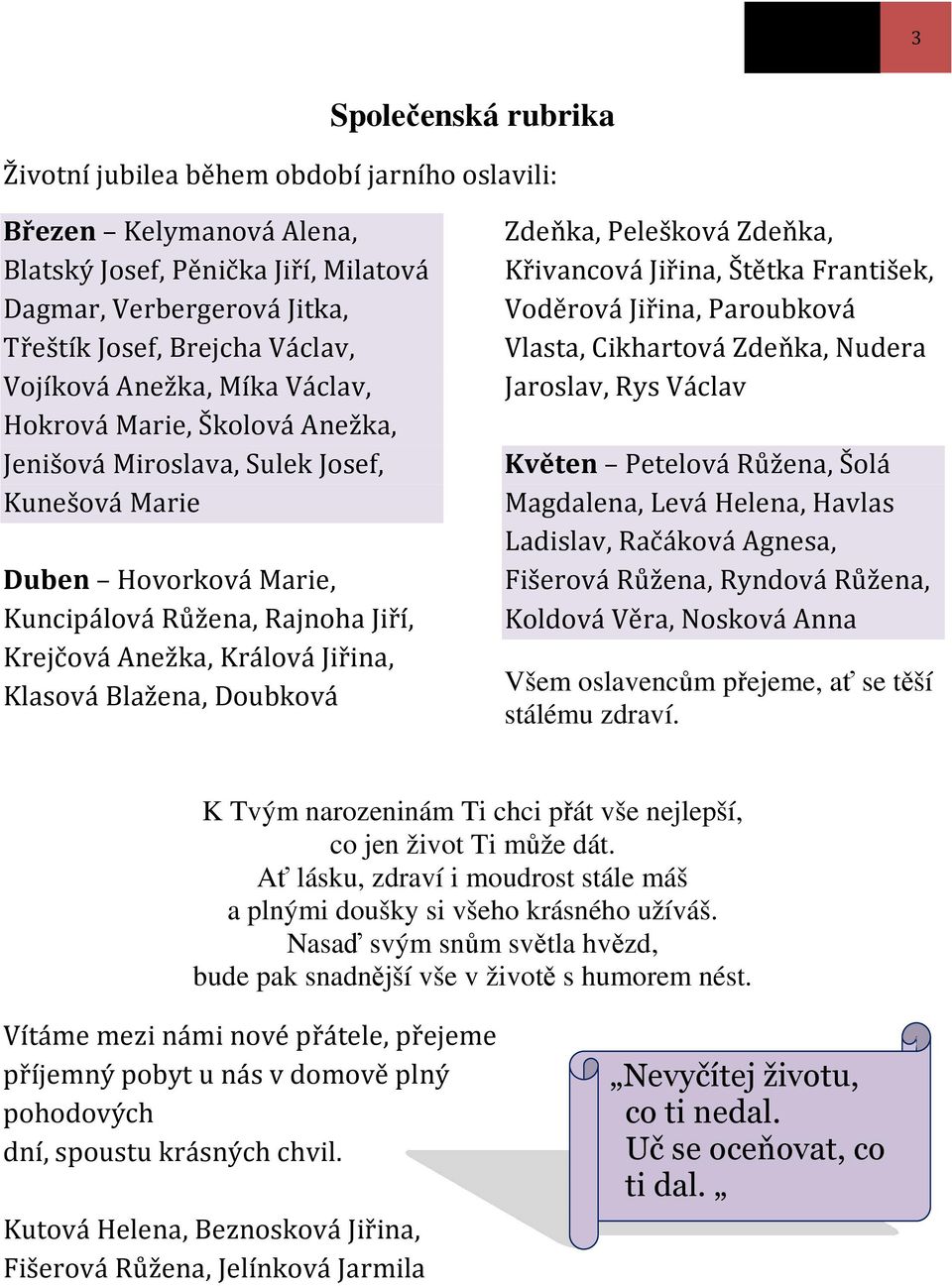 Jiřina, Klasová Blažena, Doubková Zdeňka, Pelešková Zdeňka, Křivancová Jiřina, Štětka František, Voděrová Jiřina, Paroubková Vlasta, Cikhartová Zdeňka, Nudera Jaroslav, Rys Václav Květen Petelová