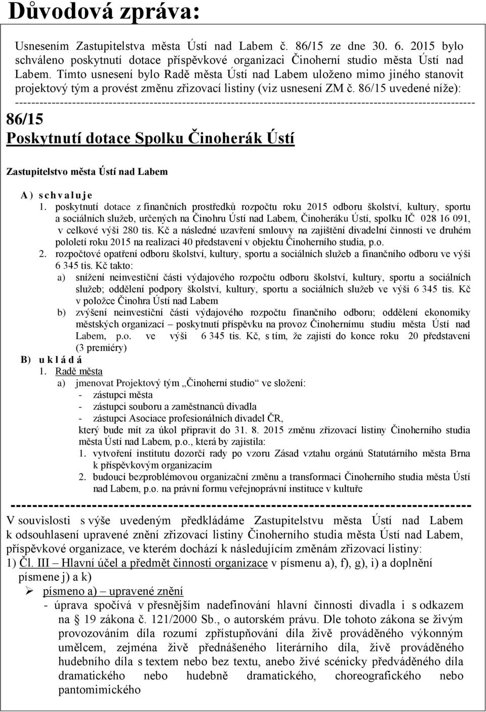 86/15 uvedené níže): ----------------------------------------------------------------------------------------------------------------- 86/15 Poskytnutí dotace Spolku Činoherák Ústí Zastupitelstvo