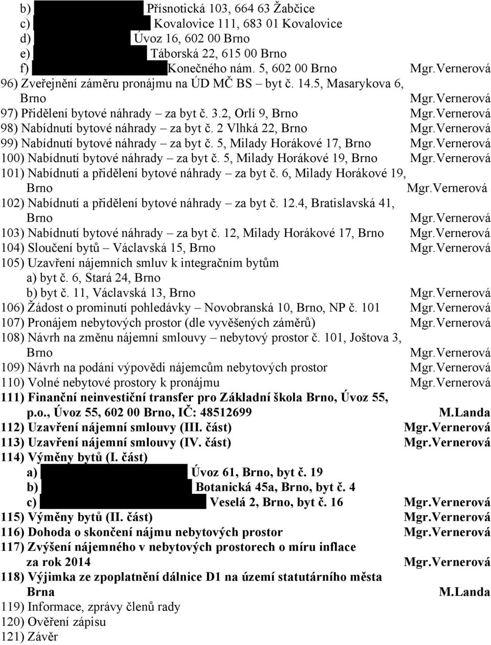 Vernerová 98) Nabídnutí bytové náhrady za byt č. 2 Vlhká 22, Brno Mgr.Vernerová 99) Nabídnutí bytové náhrady za byt č. 5, Milady Horákové 17, Brno Mgr.Vernerová 100) Nabídnutí bytové náhrady za byt č.