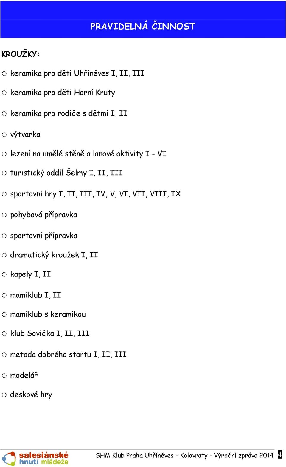 VI, VII, VIII, IX phybvá přípravka sprtvní přípravka dramatický kružek I, II kapely I, II mamiklub I, II mamiklub s keramiku