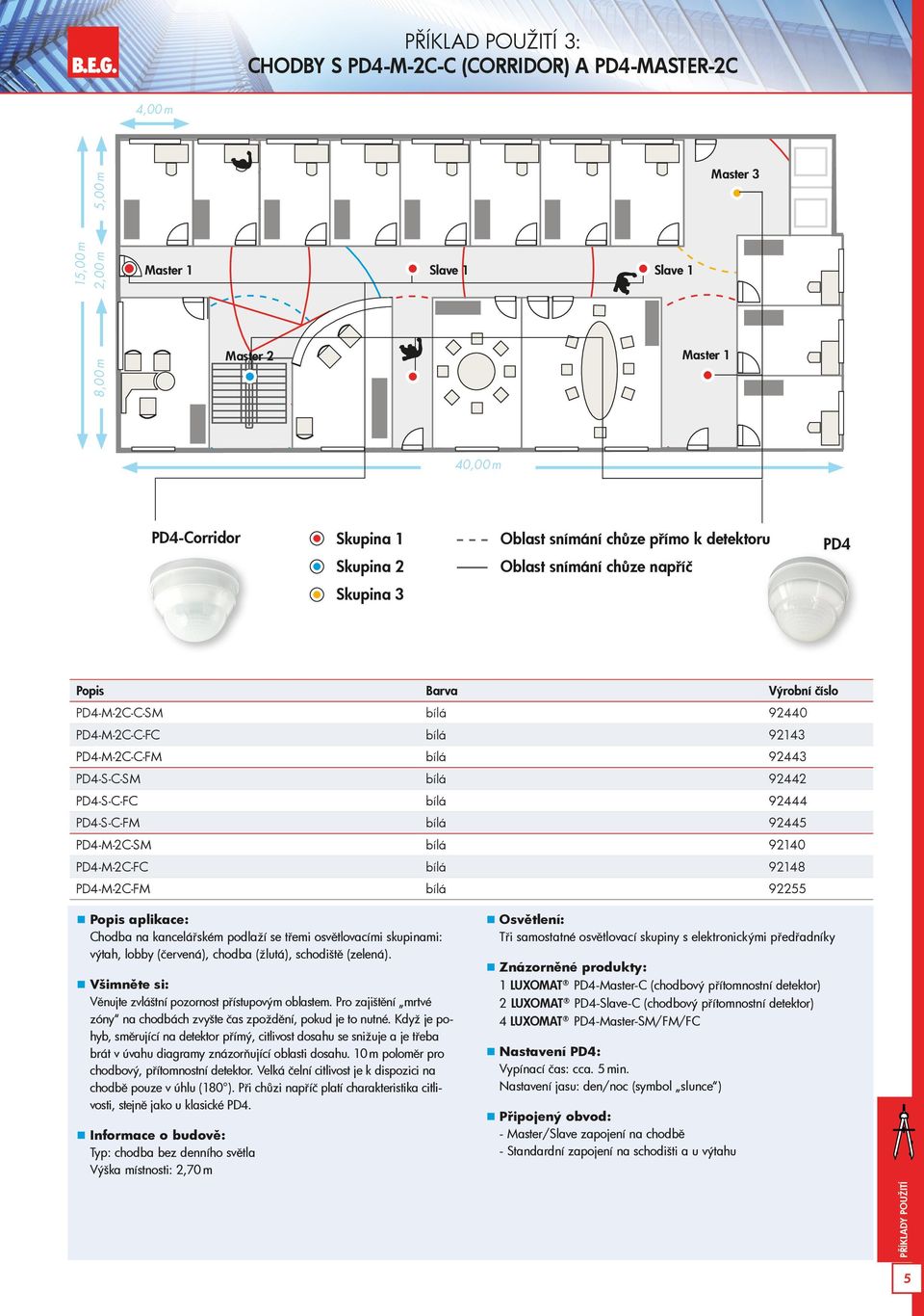 Když je pohyb, směrující na detektor přímý, citlivost dosahu se snižuje a je třeba brát v úvahu diagramy znázorňující oblasti dosahu. 0 m poloměr pro chodbový, přítomnostní detektor.