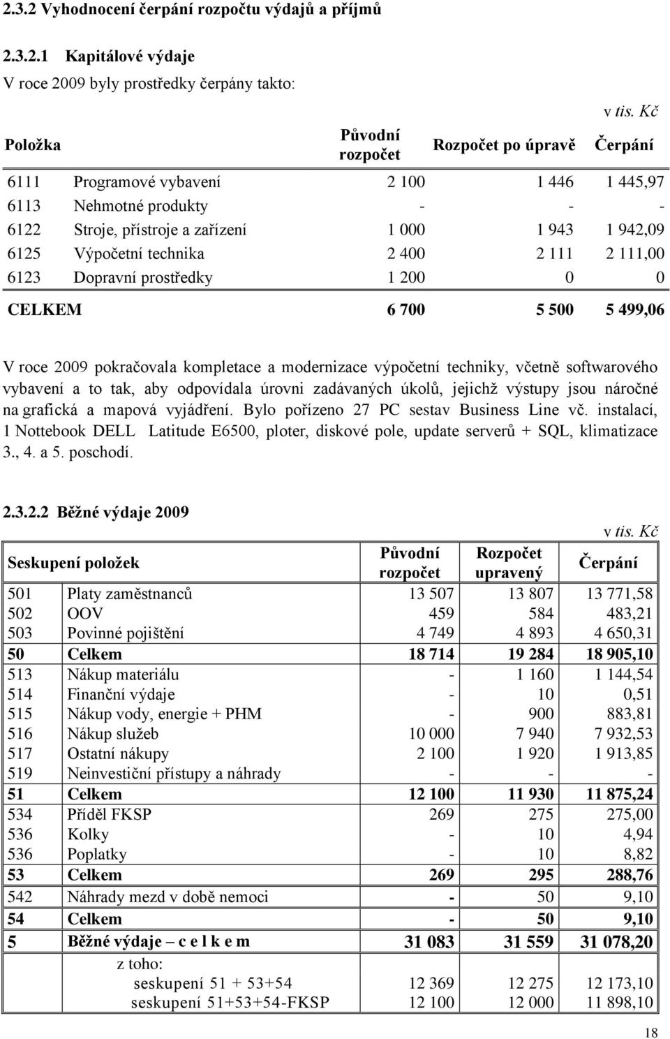 prostředky 1 200 0 0 CELKEM 6 700 5 500 5 499,06 V roce 2009 pokračovala kompletace a modernizace výpočetní techniky, včetně softwarového vybavení a to tak, aby odpovídala úrovni zadávaných úkolů,