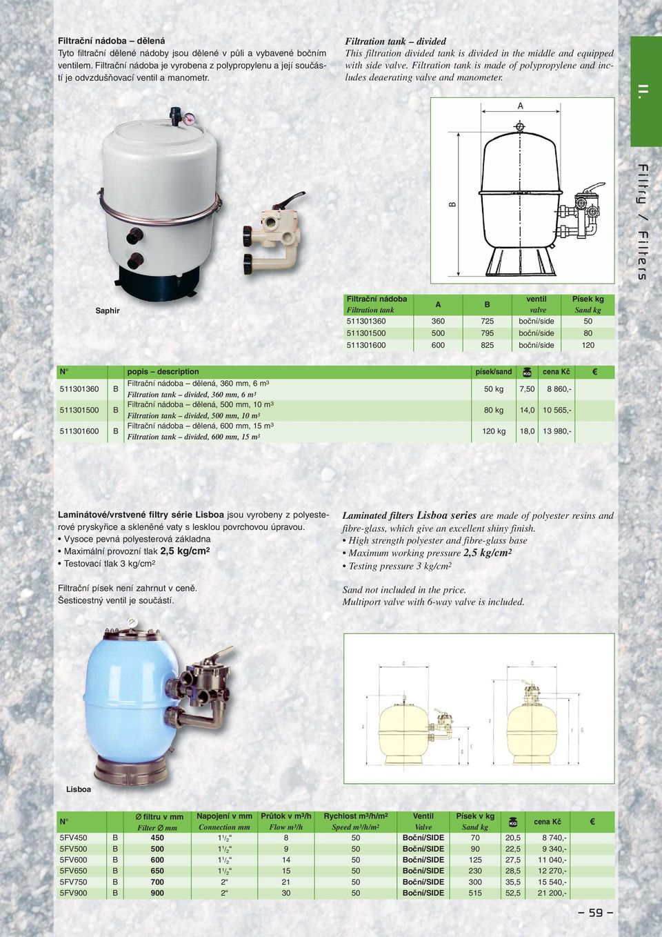 Filtry / Filters Saphir Filtrační nádoba Filtration tank A B ventil valve Písek kg Sand kg 511301360 360 725 boční/side 50 511301500 500 795 boční/side 80 511301600 600 825 boční/side 120 511301360 B