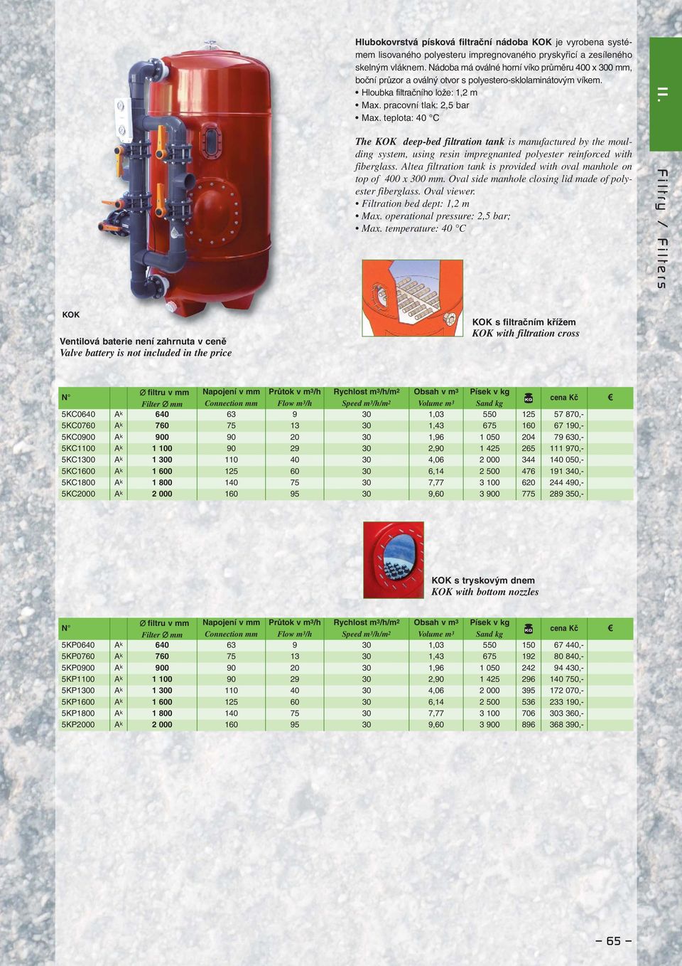 teplota: 40 C The KOK deep-bed filtration tank is manufactured by the moulding system, using resin impregnanted polyester reinforced with fiberglass.