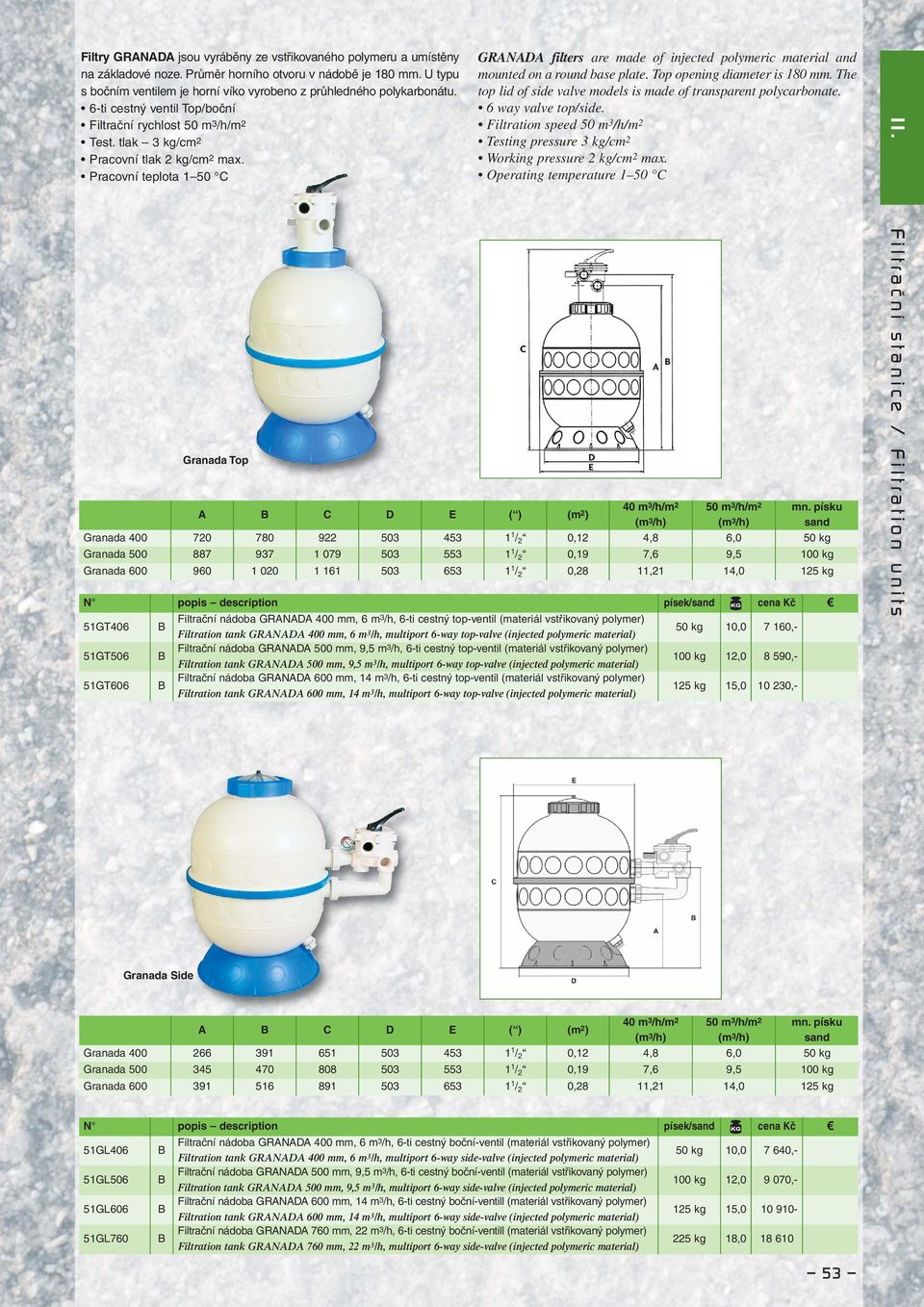 Pracovní teplota 1 50 C GRANADA filters are made of injected polymeric material and mounted on a round base plate. Top opening diameter is 180 mm.