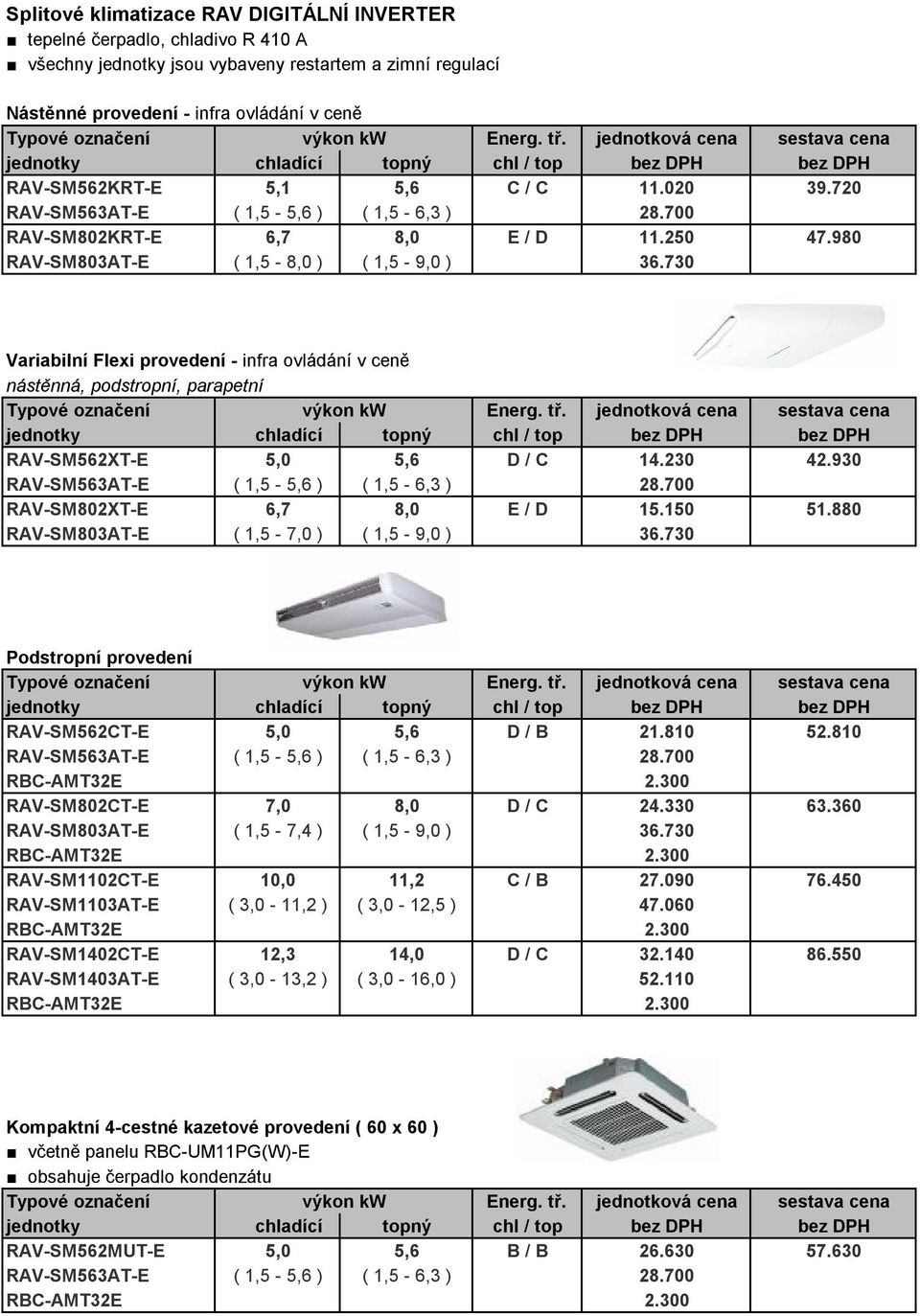 730 Variabilní Flexi provedení - infra ovládání v ceně nástěnná, podstropní, parapetní RAV-SM562XT-E 5,0 5,6 D / C 14.230 42.930 RAV-SM802XT-E 6,7 8,0 E / D 15.150 51.