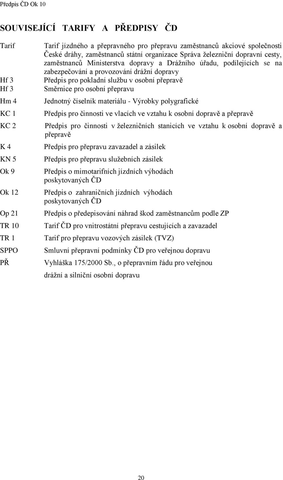 službu v osobní přepravě Směrnice pro osobní přepravu Jednotný číselník materiálu - Výrobky polygrafické Předpis pro činnosti ve vlacích ve vztahu k osobní dopravě a přepravě Předpis pro činnosti v