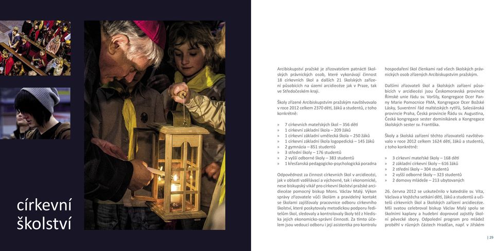 Školy zřízené Arcibiskupstvím pražským navštěvovalo v roce 2012 celkem 2370 dětí, žáků a studentů, z toho konkrétně: 7 církevních mateřských škol 356 dětí 1 církevní základní škola 209 žáků 1