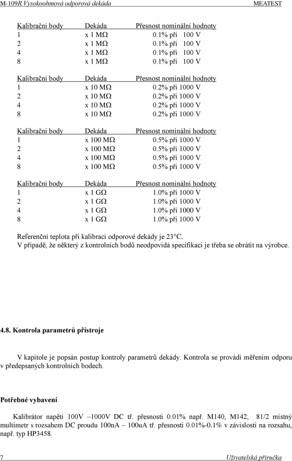 2% při 1000 V Kalibrační body Dekáda Přesnost nominální hodnoty 1 x 100 M 0.5% při 1000 V 2 x 100 M 0.5% při 1000 V 4 x 100 M 0.5% při 1000 V 8 x 100 M 0.