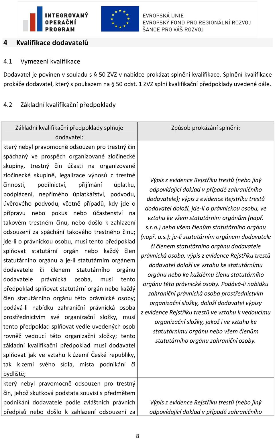 2 Základní kvalifikační předpoklady Základní kvalifikační předpoklady splňuje dodavatel: který nebyl pravomocně odsouzen pro trestný čin spáchaný ve prospěch organizované zločinecké skupiny, trestný