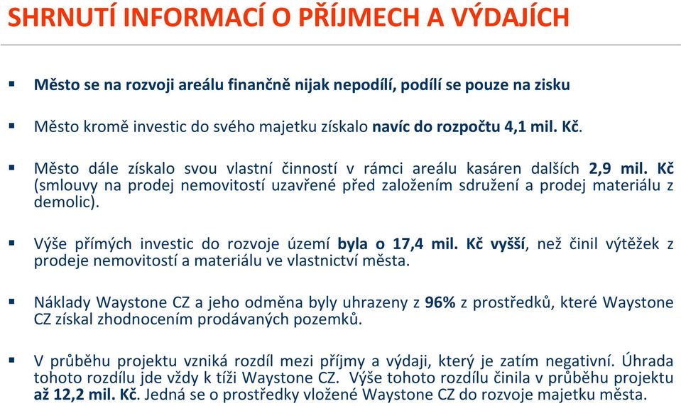 Výše přímých investic do rozvoje území byla o 17,4 mil. Kč vyšší, než činil výtěžek z prodeje nemovitostí a materiálu ve vlastnictví města.
