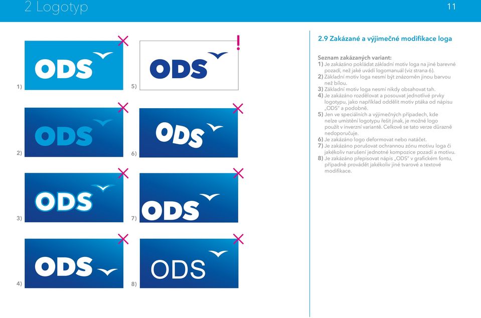 4) Je zakázáno rozdělovat a posouvat jednotlivé prvky logotypu, jako například oddělit motiv ptáka od nápisu ODS a podobně.
