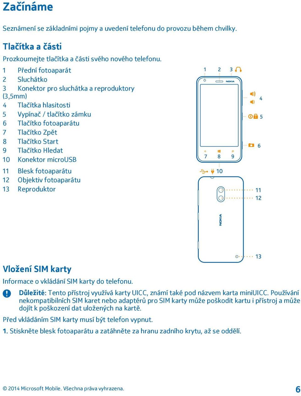 Hledat 10 Konektor microusb 11 Blesk fotoaparátu 12 Objektiv fotoaparátu 13 Reproduktor Vložení SIM karty Informace o vkládání SIM karty do telefonu.