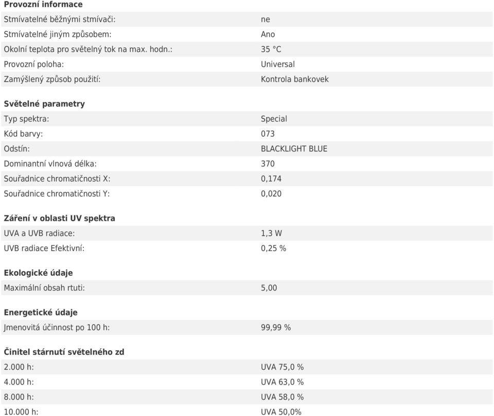 vlnová délka: 370 Souřadnice chromatičnosti X: 0,174 Souřadnice chromatičnosti Y: 0,020 Záření v oblasti UV spektra UVA a UVB radiace: 1,3 W UVB radiace Efektivní: 0,25