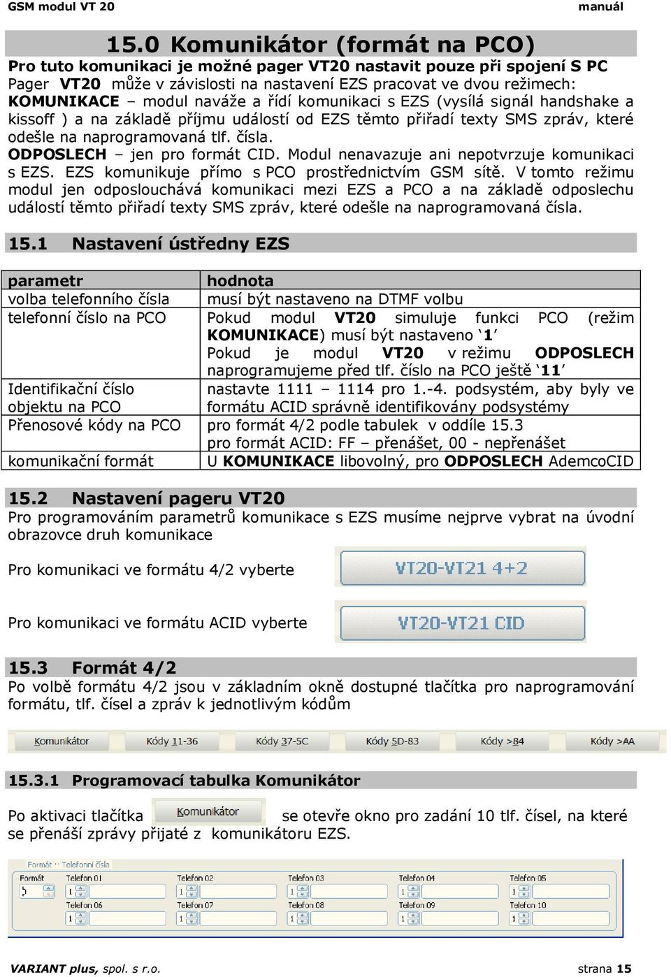 a řídí komunikaci s EZS (vysílá signál handshake a kissoff ) a na základě příjmu událostí od EZS těmto přiřadí texty SMS zpráv, které odešle na naprogramovaná tlf. čísla. ODPOSLECH jen pro formát CID.