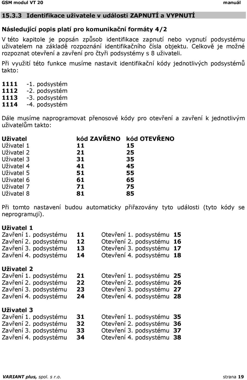 základě rozpoznání identifikačního čísla objektu. Celkově je možné rozpoznat otevření a zavření pro čtyři podsystémy s 8 uživateli.
