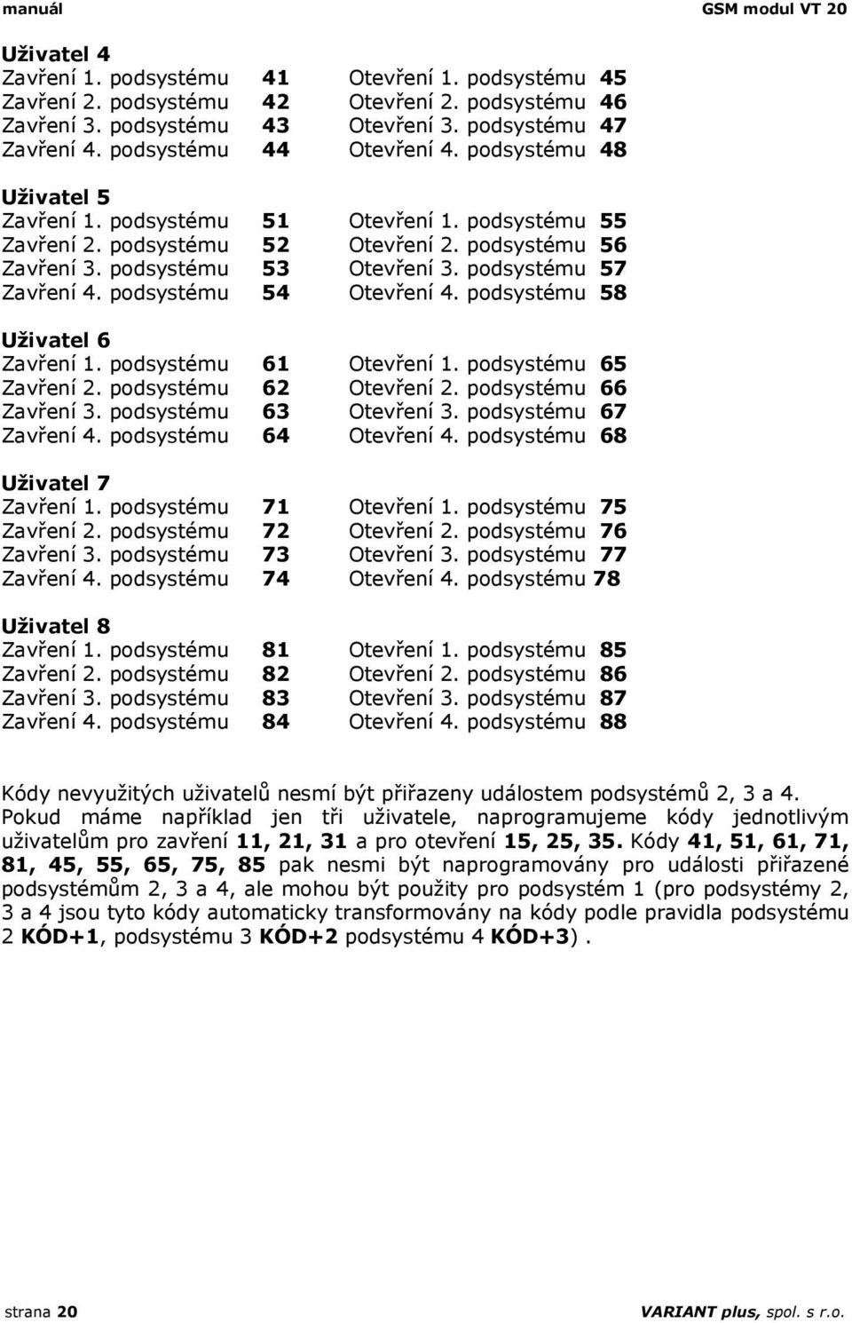 podsystému 57 Zavření 4. podsystému 54 Otevření 4. podsystému 58 Uživatel 6 Zavření 1. podsystému 61 Otevření 1. podsystému 65 Zavření 2. podsystému 62 Otevření 2. podsystému 66 Zavření 3.