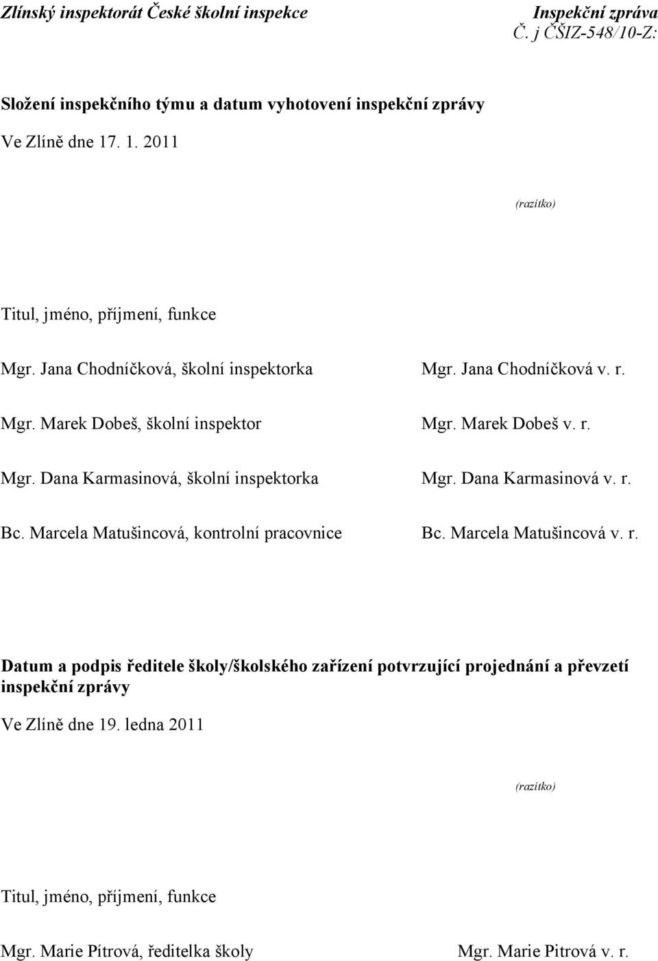 Dana Karmasinová v. r. Bc. Marcela Matušincová, kontrolní pracovnice Bc. Marcela Matušincová v. r. Datum a podpis ředitele školy/školského zařízení potvrzující projednání a převzetí inspekční zprávy Ve Zlíně dne 19.