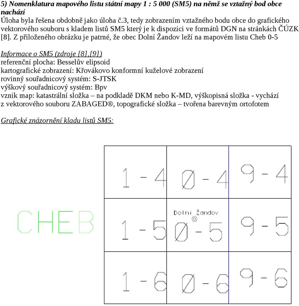 Z přiloženého obrázku je patrné, že obec Dolní Žandov leží na mapovém listu Cheb 0-5 Informace o SM5 (zdroje [8],[9]) referenční plocha: Besselův elipsoid kartografické zobrazení: Křovákovo