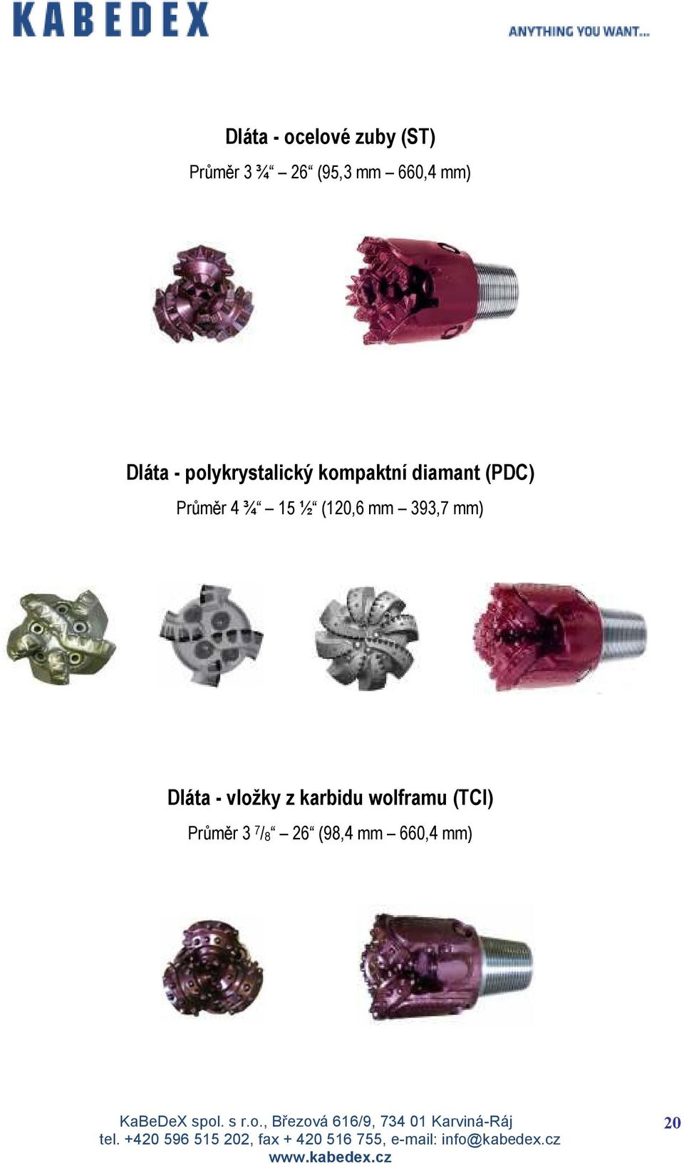 Průměr 4 ¾ 15 ½ (120,6 mm 393,7 mm) Dláta - vložky z