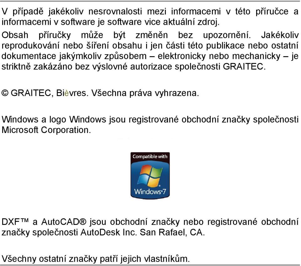 Jakékoliv reprodukování nebo šíření obsahu i jen části této publikace nebo ostatní dokumentace jakýmkoliv způsobem elektronicky nebo mechanicky je striktně zakázáno bez