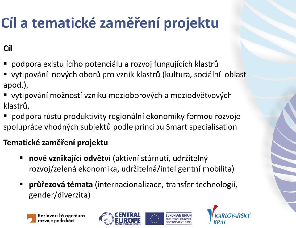 ), vytipování možností vzniku mezioborových a meziodvětvových klastrů, podpora růstu produktivity regionální ekonomiky formou rozvoje spolupráce