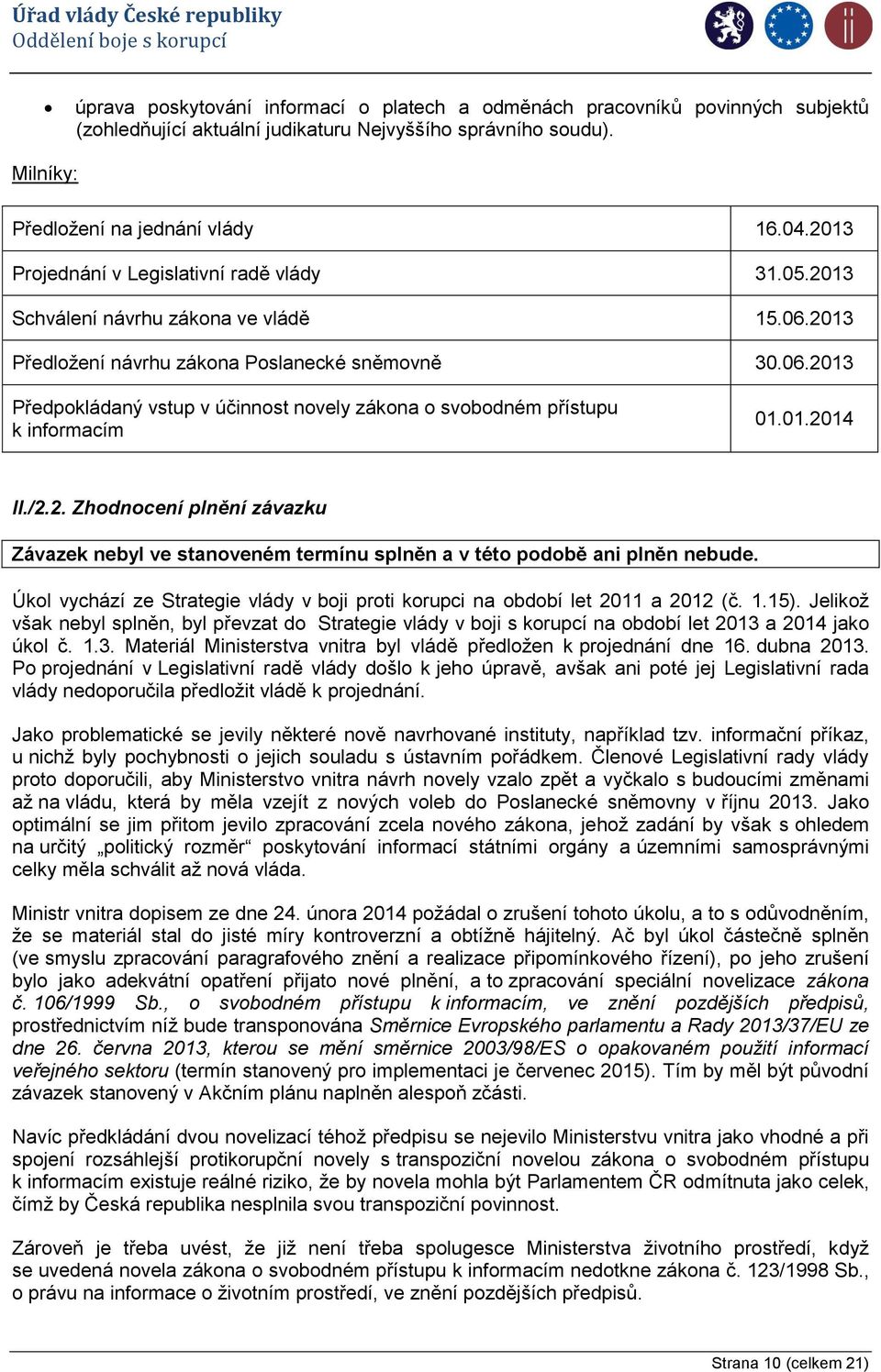 01.2014 II./2.2. Zhodnocení plnění závazku Závazek nebyl ve stanoveném termínu splněn a v této podobě ani plněn nebude.