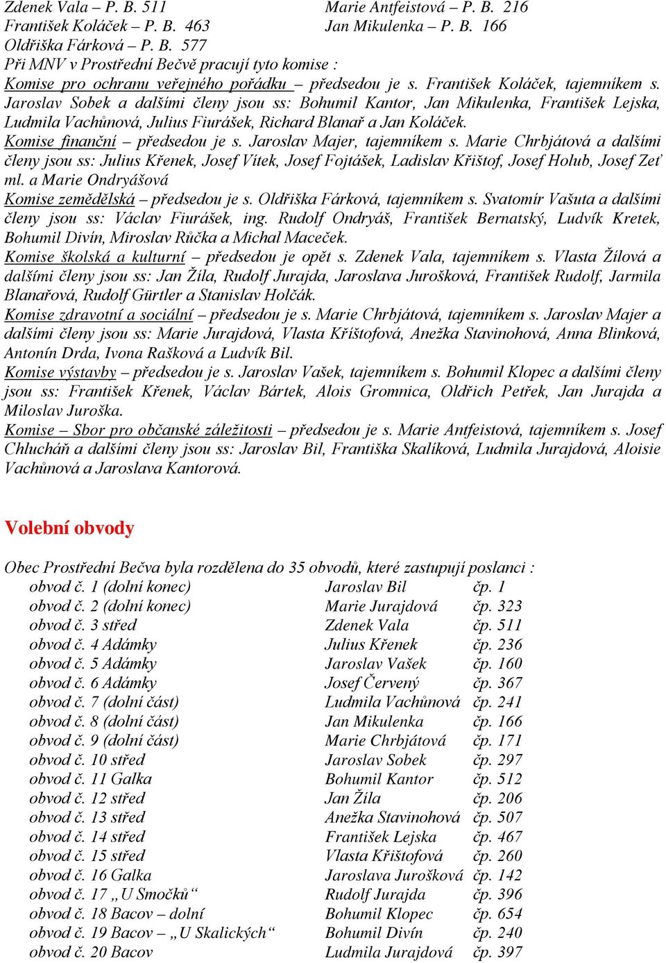 Komise finanční předsedou je s. Jaroslav Majer, tajemníkem s. Marie Chrbjátová a dalšími členy jsou ss: Julius Křenek, Josef Vítek, Josef Fojtášek, Ladislav Křištof, Josef Holub, Josef Zeť ml.