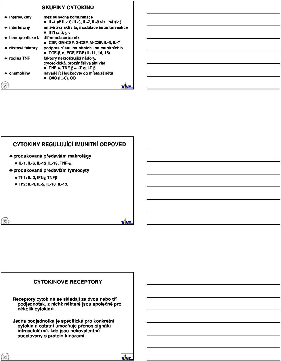 TGF-β, α, EGF, FGF (IL-11, 14, 15) rodina TNF faktory nekrotizující nádory, cytotoxická, prozánětlivá aktivita TNF-α, TNF-β β = LT-α, LT-β chemokiny navádějící leukocyty do místa zánětu CXC (IL-8),