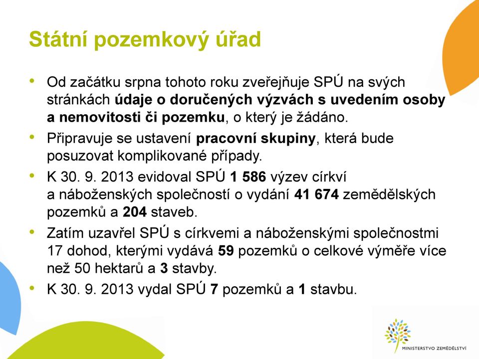 2013 evidoval SPÚ 1 586 výzev církví a náboženských společností o vydání 41 674 zemědělských pozemků a 204 staveb.