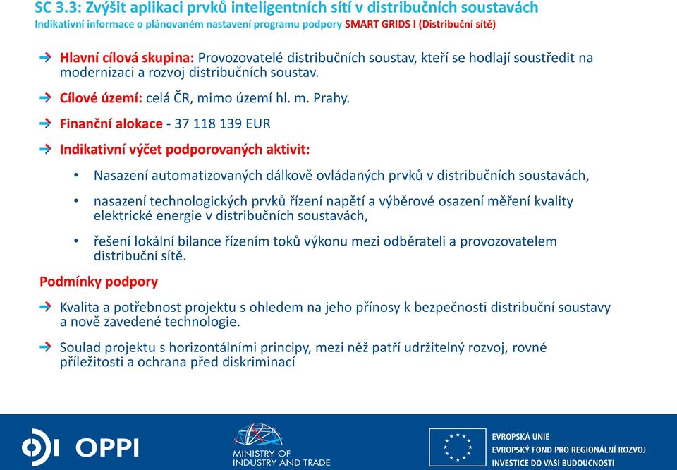 Finanční alokace - 37 118 139 EUR Indikativní výčet podporovaných aktivit: Nasazení automatizovaných dálkově ovládaných prvků v distribučních soustavách, nasazení technologických prvků řízení napětí