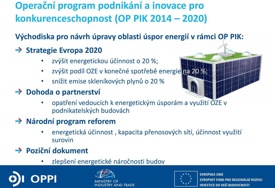 skleníkových plynů o 20 % Dohoda o partnerství opatření vedoucích k energetickým úsporám a využití OZE v podnikatelských budovách Národní