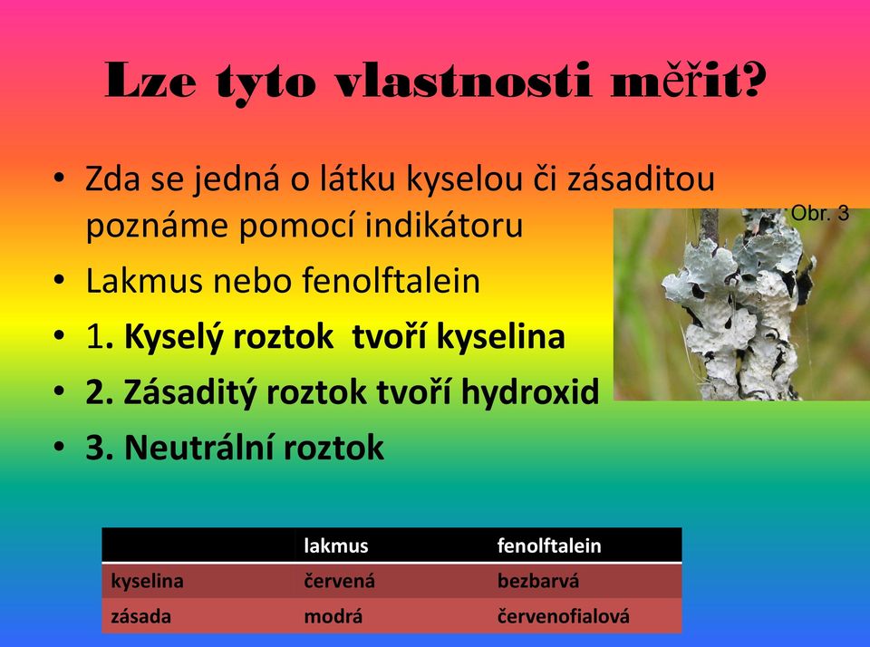 Lakmus nebo fenolftalein 1. Kyselý roztok tvoří kyselina 2.