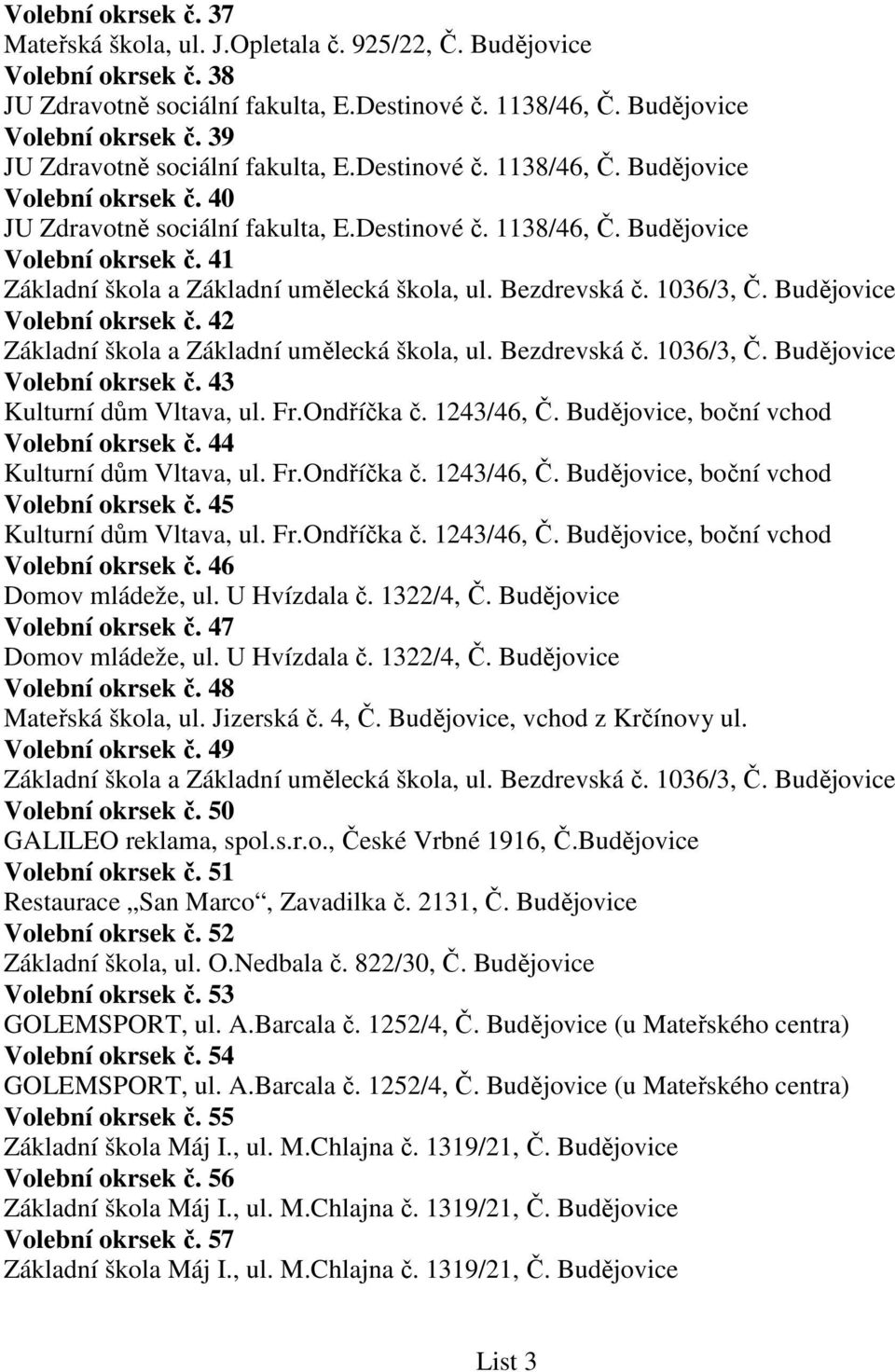 Jizerská č. 4, Č. Budějovice, vchod z Krčínovy ul. Volební okrsek č. 49 Volební okrsek č. 50 GALILEO reklama, spol.s.r.o., České Vrbné 1916, Č.Budějovice Volební okrsek č.