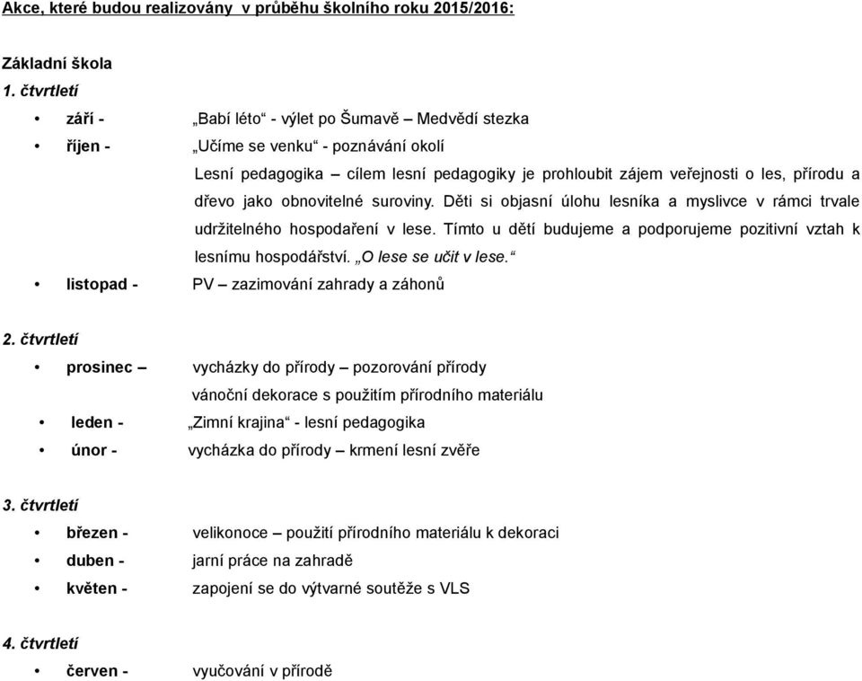 obnovitelné suroviny. Děti si objasní úlohu lesníka a myslivce v rámci trvale udržitelného hospodaření v lese. Tímto u dětí budujeme a podporujeme pozitivní vztah k lesnímu hospodářství.