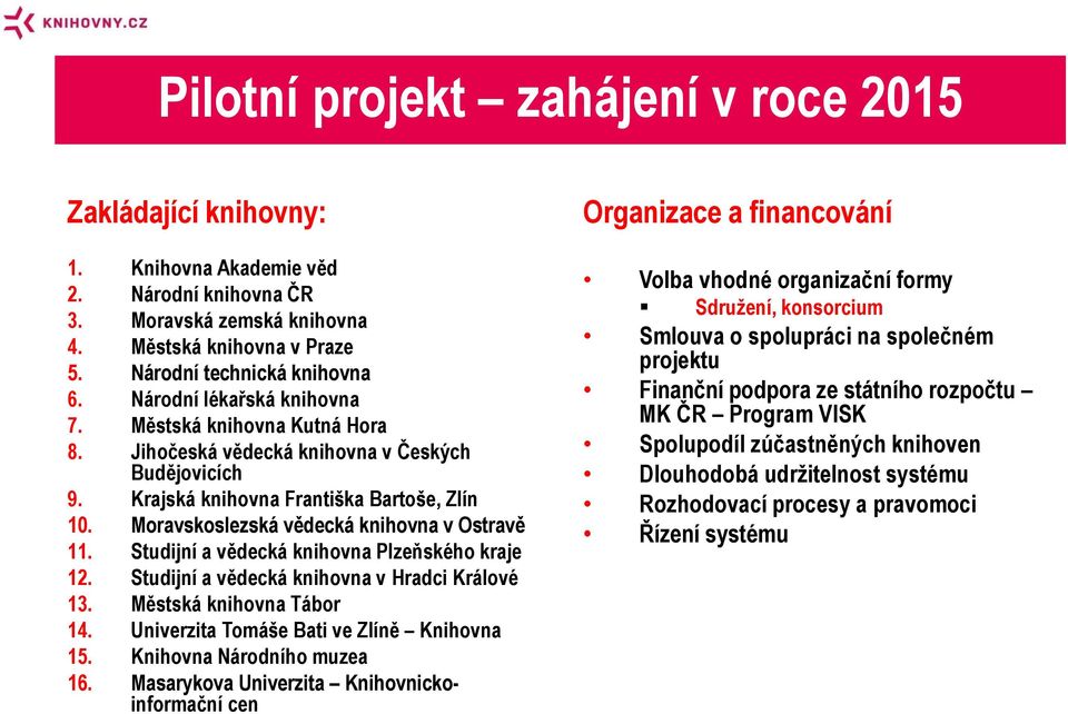 Moravskoslezská vědecká knihovna v Ostravě 11. Studijní a vědecká knihovna Plzeňského kraje 12. Studijní a vědecká knihovna v Hradci Králové 13. Městská knihovna Tábor 14.