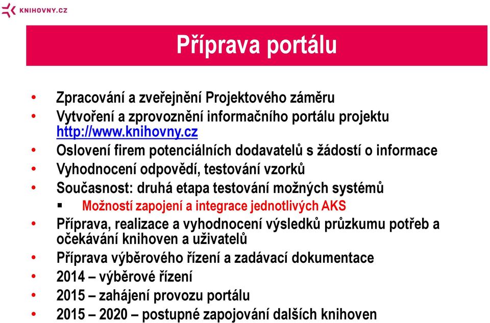 možných systémů Možností zapojení a integrace jednotlivých AKS Příprava, realizace a vyhodnocení výsledků průzkumu potřeb a očekávání knihoven