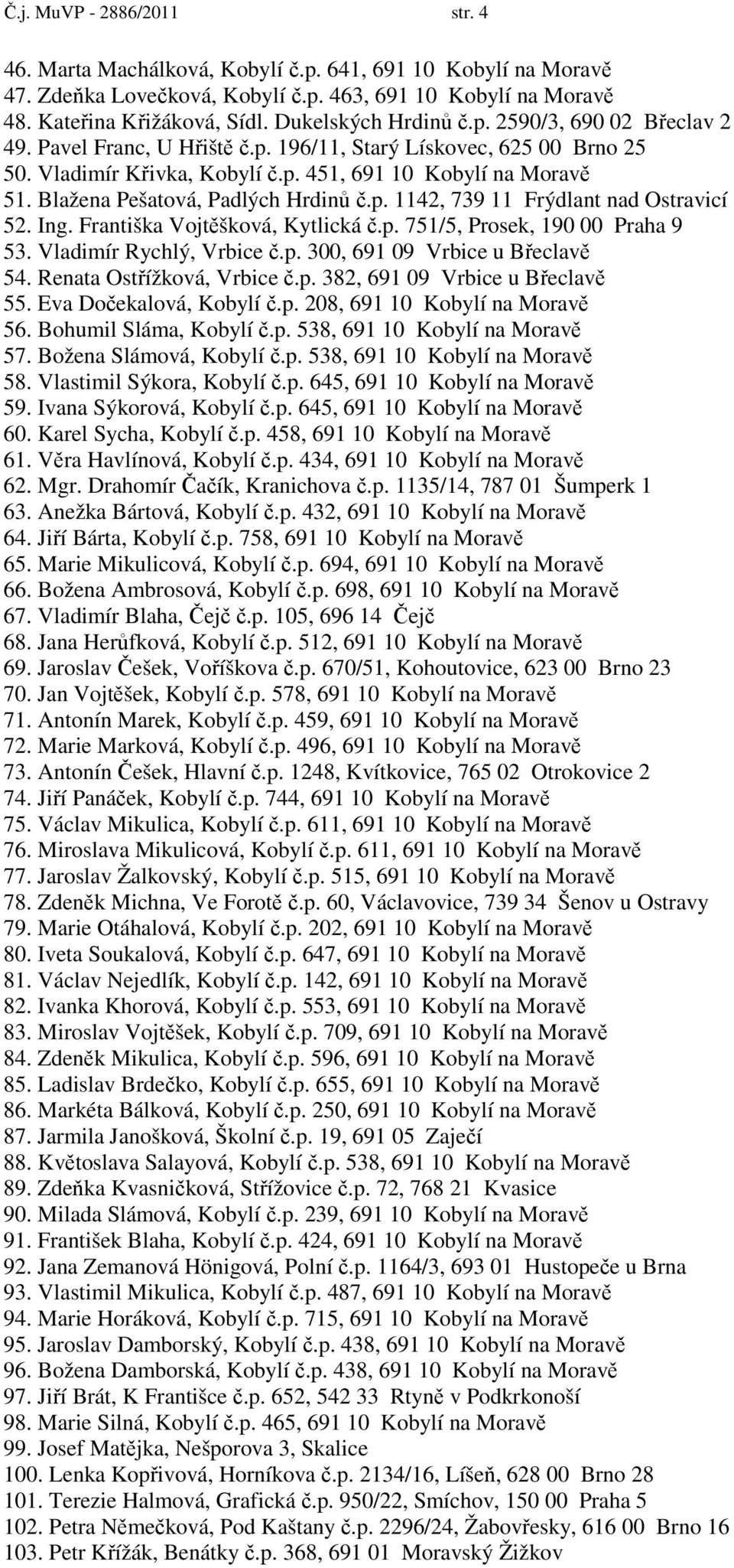 Blažena Pešatová, Padlých Hrdinů č.p. 1142, 739 11 Frýdlant nad Ostravicí 52. Ing. Františka Vojtěšková, Kytlická č.p. 751/5, Prosek, 190 00 Praha 9 53. Vladimír Rychlý, Vrbice č.p. 300, 691 09 Vrbice u Břeclavě 54.