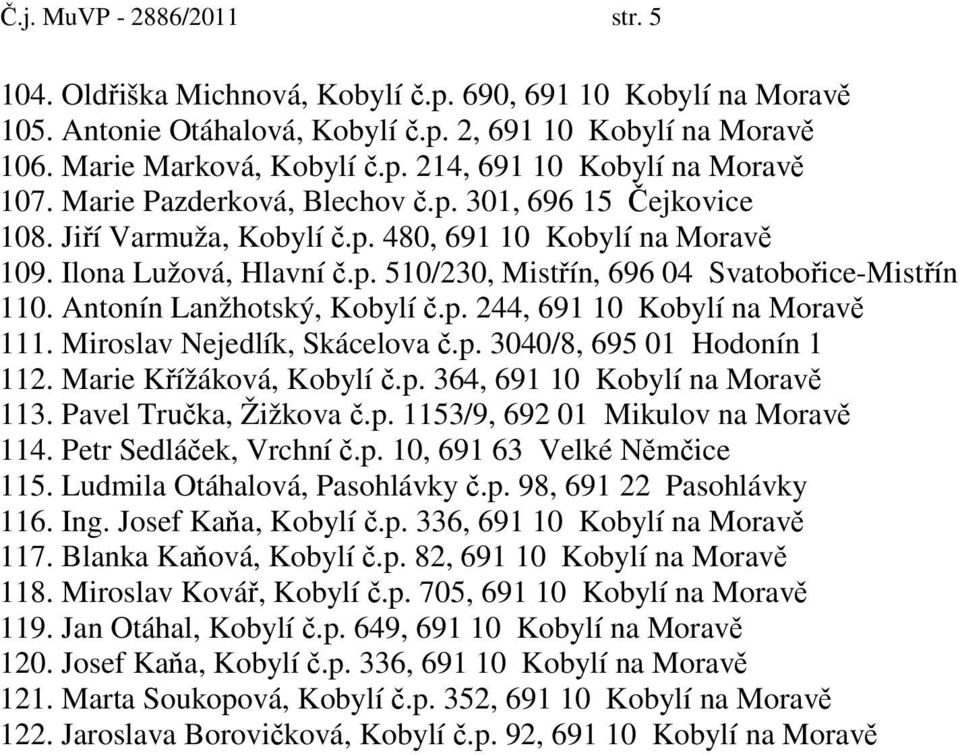 Antonín Lanžhotský, Kobylí č.p. 244, 691 10 Kobylí na Moravě 111. Miroslav Nejedlík, Skácelova č.p. 3040/8, 695 01 Hodonín 1 112. Marie Křížáková, Kobylí č.p. 364, 691 10 Kobylí na Moravě 113.