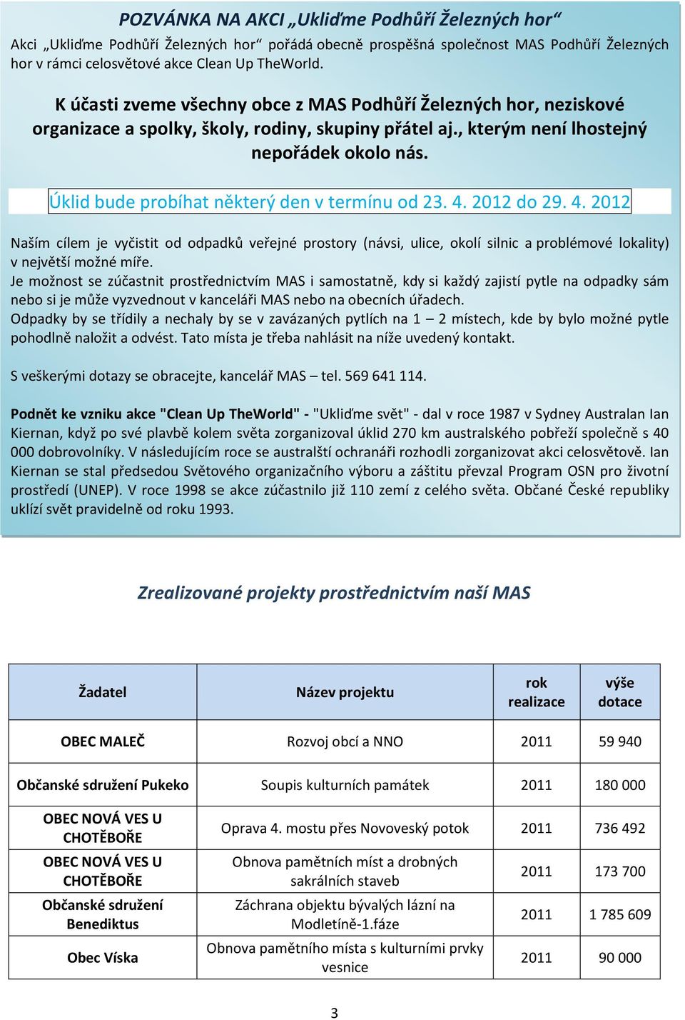 Úklid bude probíhat některý den v termínu od 23. 4. 2012 do 29. 4. 2012 Naším cílem je vyčistit od odpadků veřejné prostory (návsi, ulice, okolí silnic a problémové lokality) v největší možné míře.