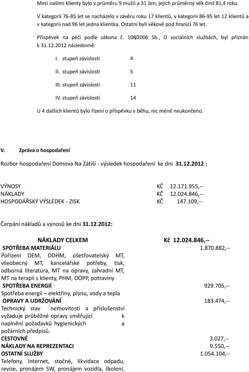 Příspěvek na péči podle zákona č. 108/2006 Sb., O sociálních službách, byl přiznán k 31.12.2012 následovně: I. stupeň závislosti 4 II. stupeň závislosti 5 III. stupeň závislosti 11 IV.