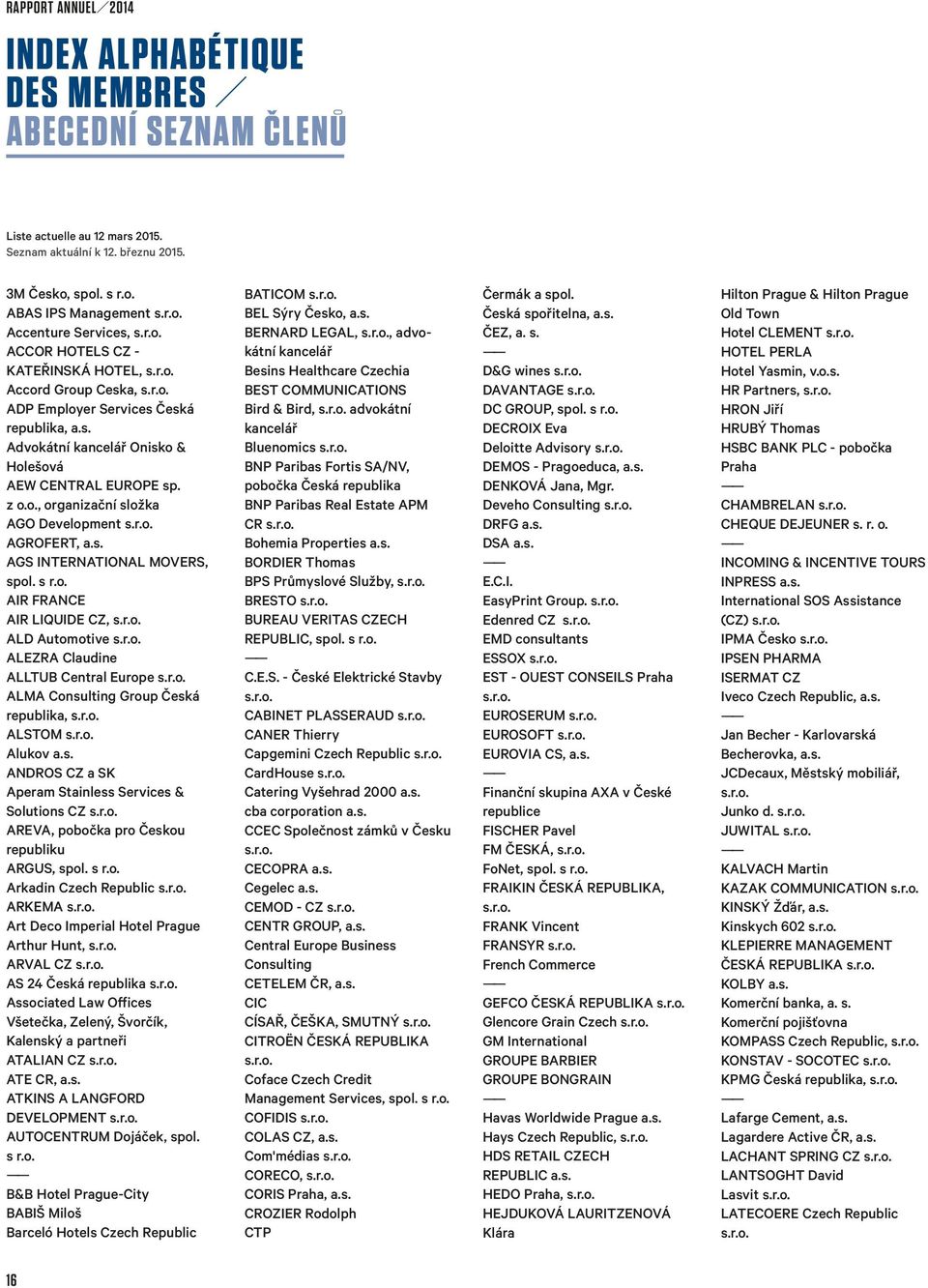 z o.o., organizační složka AGO Development AGROFERT, a.s. AGS INTERNATIONAL MOVERS, spol. s r.o. AIR FRANCE AIR LIQUIDE CZ, ALD Automotive ALEZRA Claudine ALLTUB Central Europe ALMA Consulting Group Česká republika, ALSTOM Alukov a.