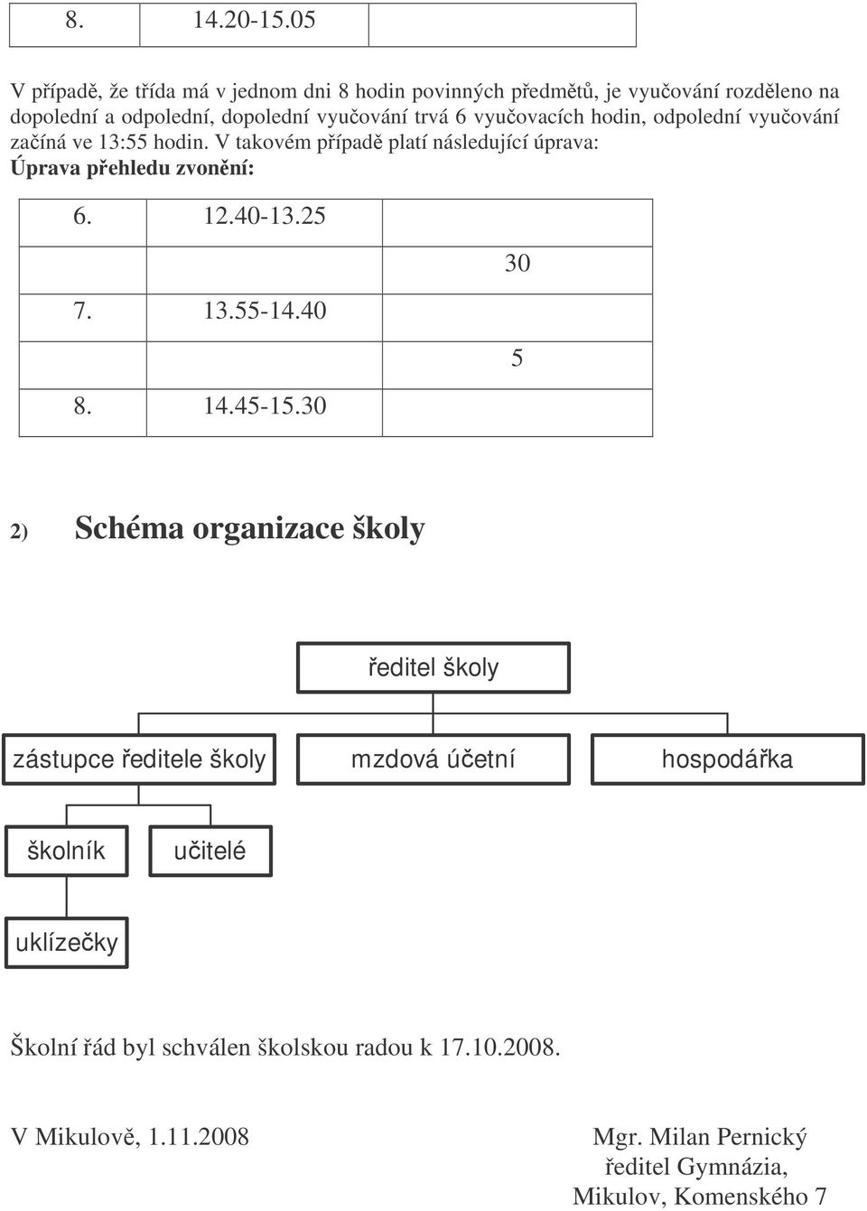 vyuovacích hodin, odpolední vyuování zaíná ve 13:55 hodin. V takovém pípad platí následující úprava: Úprava pehledu zvonní: 6. 12.40-13.25 7.