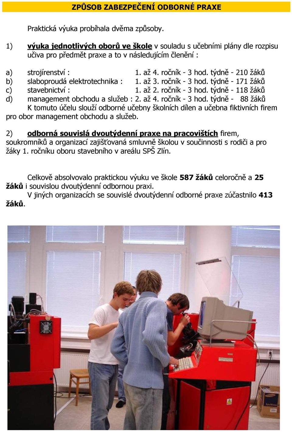 týdně - 210 žáků b) slaboproudá elektrotechnika : 1. až 3. ročník - 3 hod. týdně - 171 žáků c) stavebnictví : 1. až 2. ročník - 3 hod. týdně - 118 žáků d) management obchodu a služeb : 2. až 4.