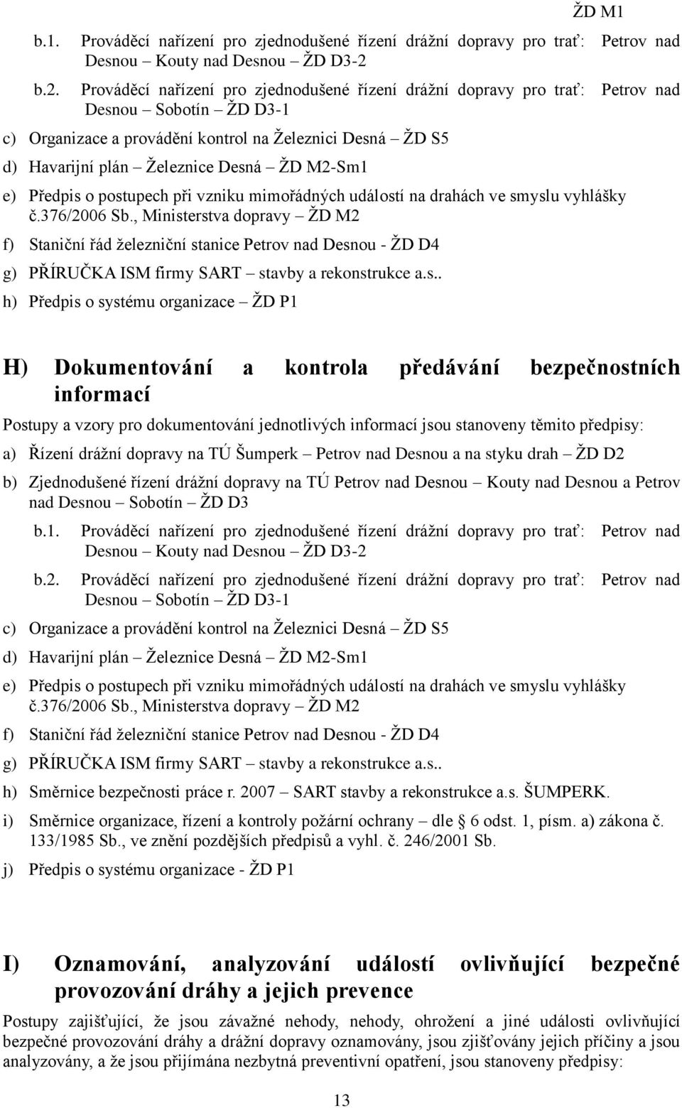 Sobotín ŽD D3-1 c) Organizace a provádění kontrol na Železnici Desná ŽD S5 d) Havarijní plán Železnice Desná ŽD M2-Sm1 e) Předpis o postupech při vzniku mimořádných událostí na drahách ve smyslu