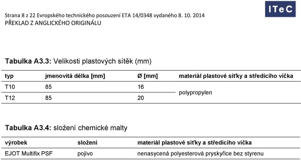 středícího víčka T10 85 16 T12 85 20 polypropylen Tabulka A3.